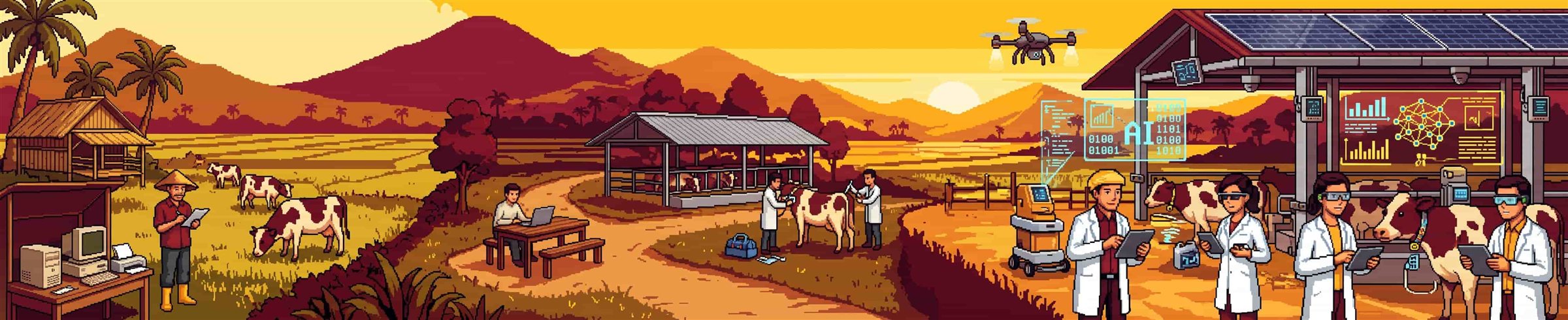 Ilustrasi piksel peternakan sapi perah dengan teknologi AI dan para peneliti