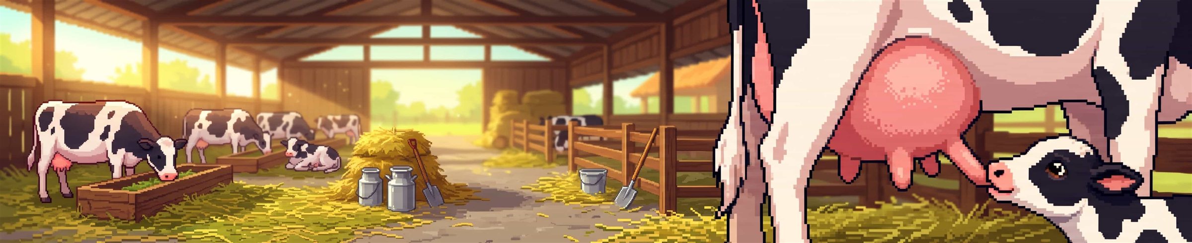 Ilustrasi piksel kandang sapi perah dengan sapi dan pedet