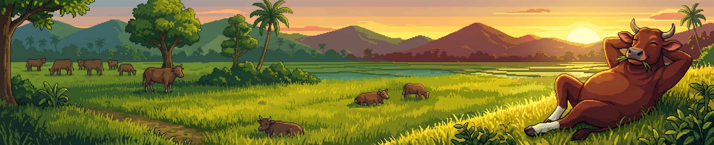 Ilustrasi piksel padang rumput dengan sapi saat matahari terbenam